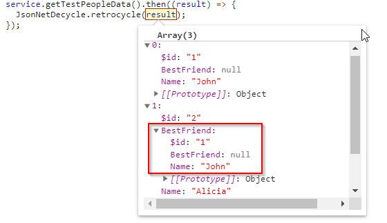 JSON result from ASP.NET controller with $ref: "1" replaced with a real object's content